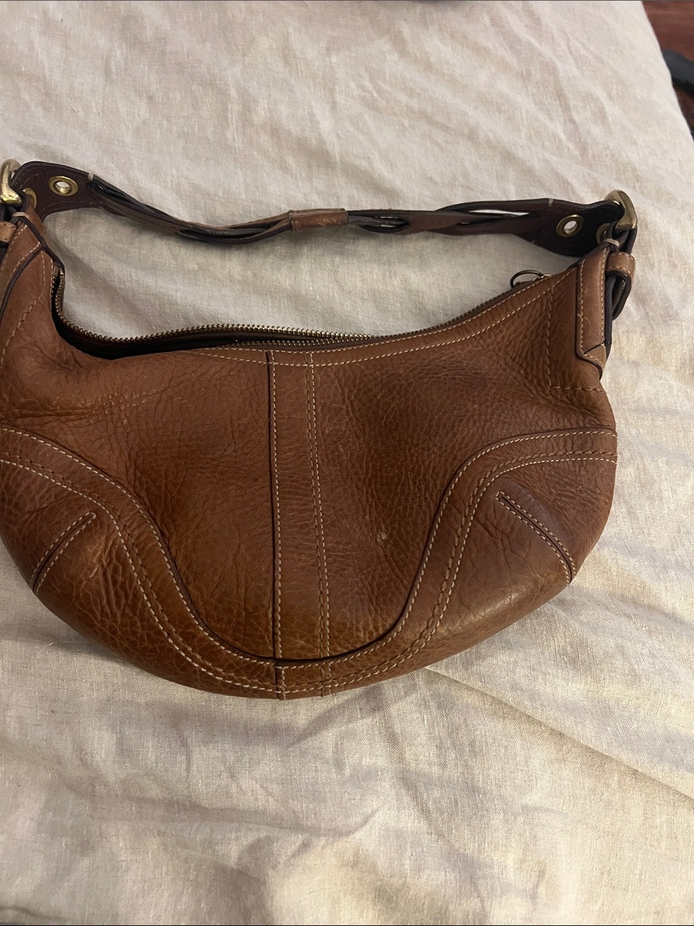 Coach Distressed Brown Leather Hobo Shoulder Bag with Braided Strap